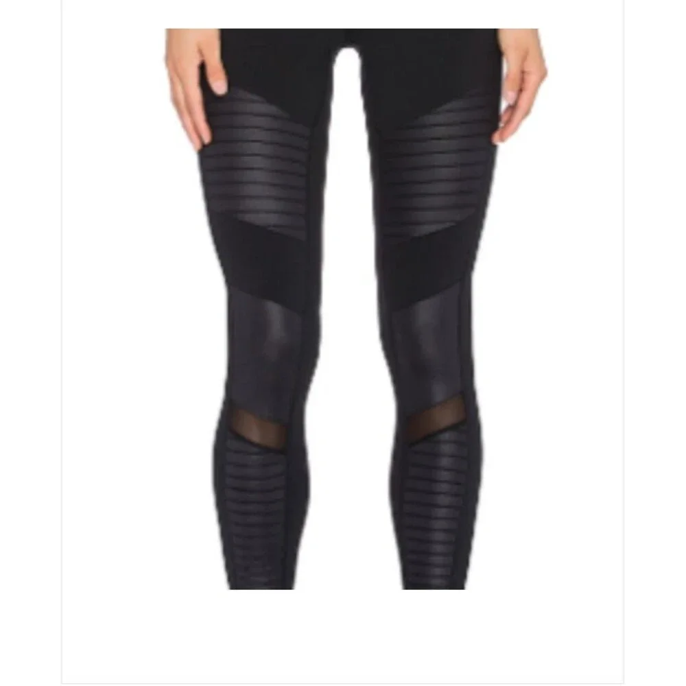 ALO Yoga Moto Ankle Leggings Womens XS Black Ribbed Quilted Glossy Panels